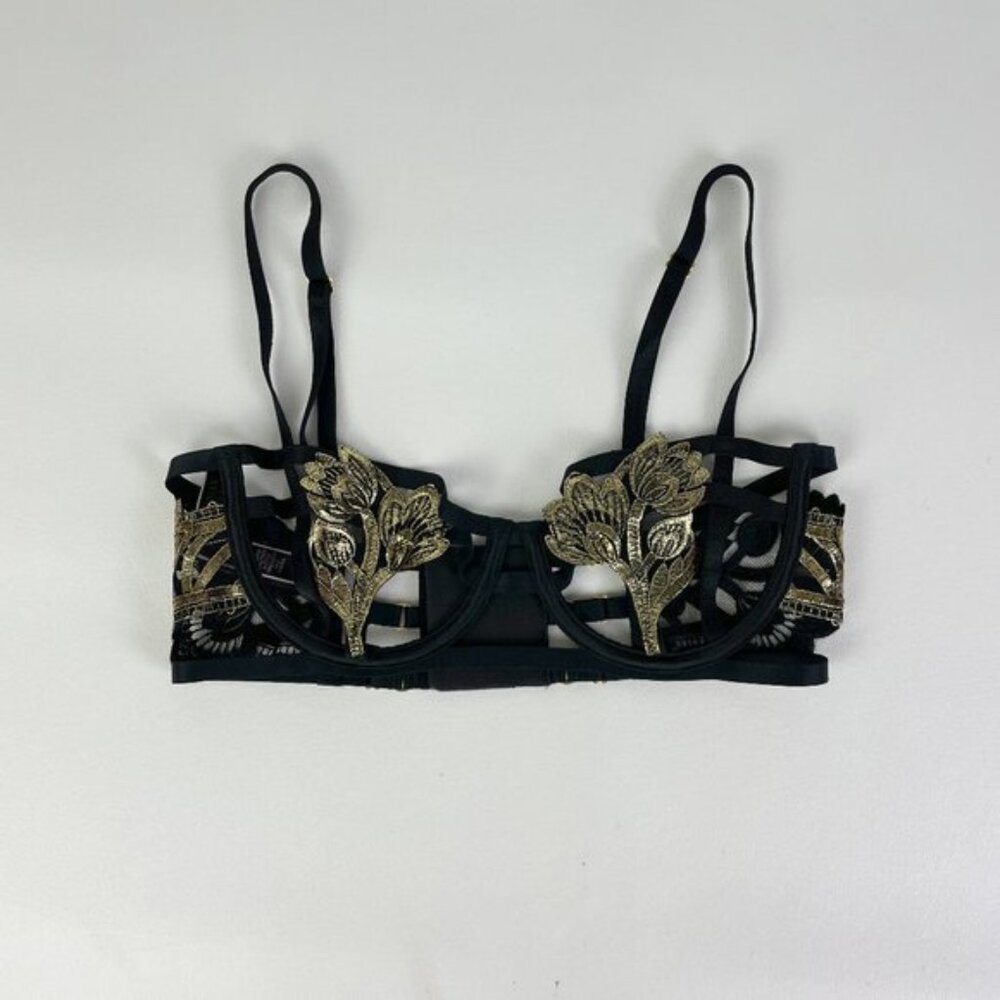 NWOT Victoria's Secret Bra 32C Unlined Balconet Strappy Banded Black Gold Floral